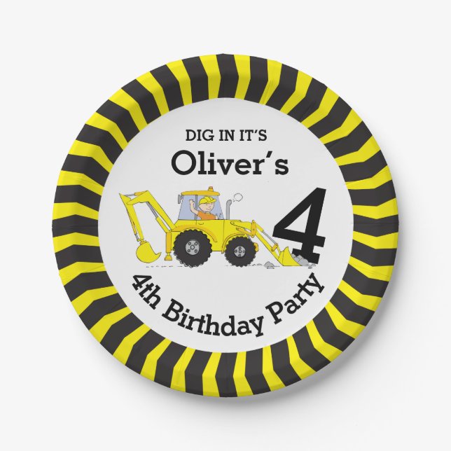 Boys construction 4th birthday customised plate (Front)