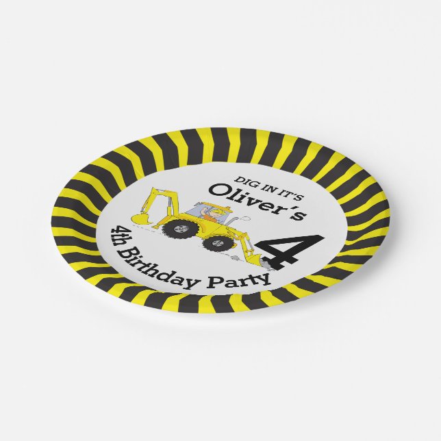 Boys construction 4th birthday customised plate (Angled)