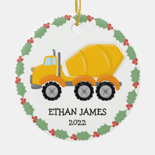 Boys Construction Cement Mixer Truck Christmas Ceramic Ornament