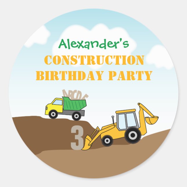 Boy's Construction Digger Dump TruckBirthday Party Classic Round Sticker (Front)