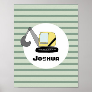Boys Construction Digger Excavator and Name Kids Poster