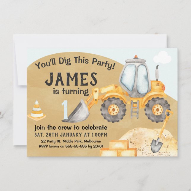Boys Construction Excavator 1st Birthday  Invitation (Front)