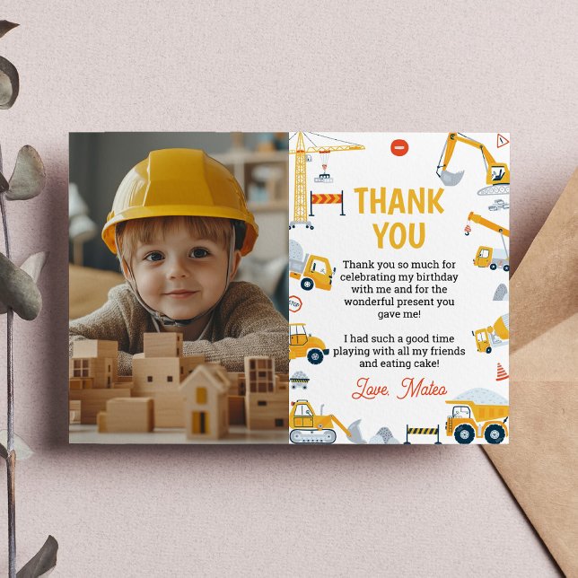 Boys Construction Vehicles Birthday Photo Thank You Card (Creator Uploaded)