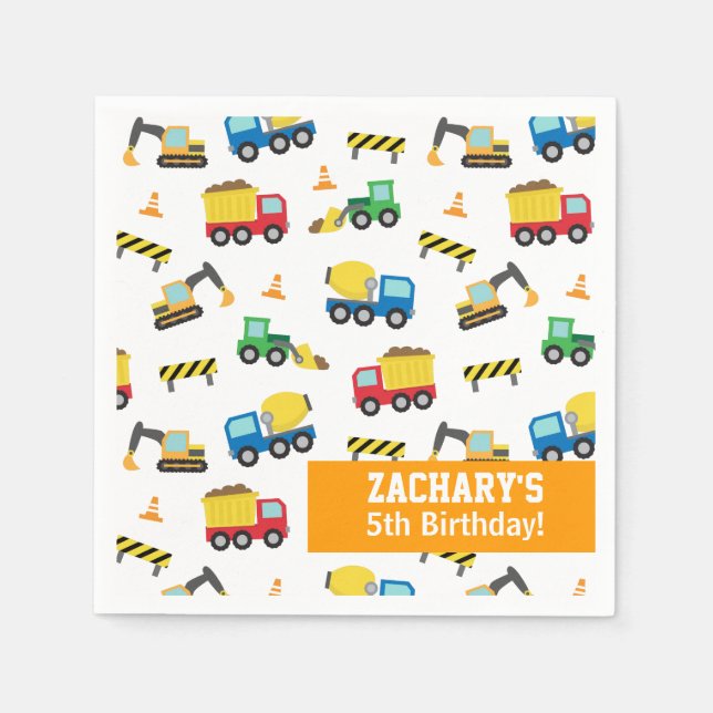 Boys Construction Vehicles Pattern Birthday Party Napkin (Front)