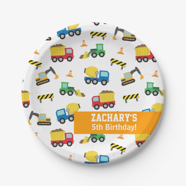 Boys Construction Vehicles Pattern Birthday Party Paper Plate (Front)