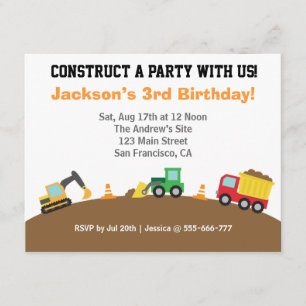 Boys Construction Vehicles Theme Birthday Party Invitation