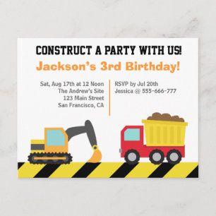 Boys Construction Vehicles Theme Birthday Party Invitation