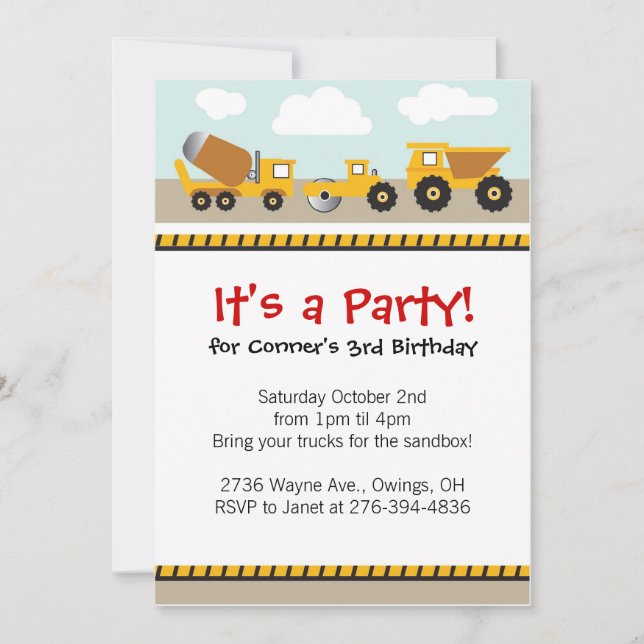 Boys contruction trucks invitation (Front)