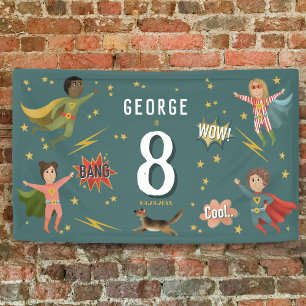 Boys Cool Blue Action Superhero Kids Birthday Banner