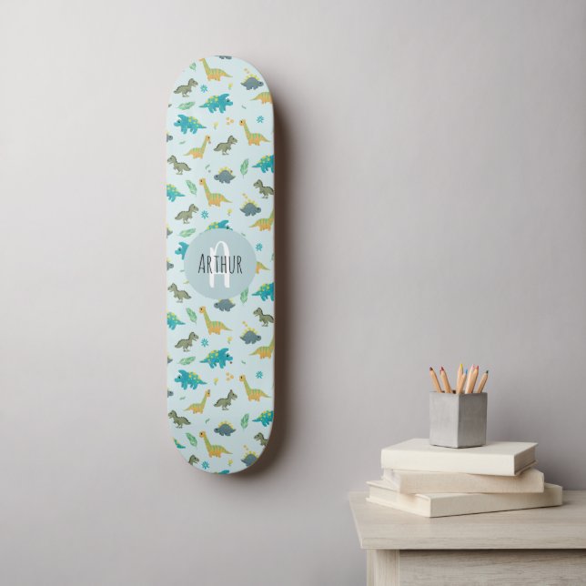 Boys Cool Blue Dinosaur Pattern Kids Skateboard (Wall Art)