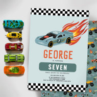 Boys Cool Blue Racing Car Kids Birthday Invitation