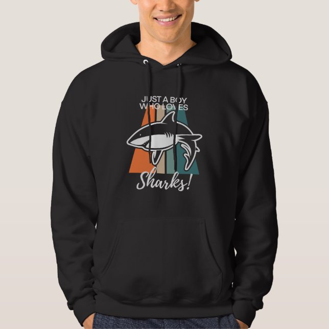 Boys Cool Just A Boy Who Loves Sharks Retro Shark Hoodie (Front)