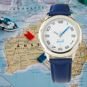 Boys Cool Modern Blue Stylish Custom Name Kids Watch