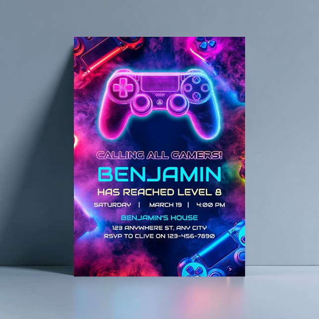 Boys Cool Neon Gaming Controller Birthday  Invitation (Creator Uploaded)