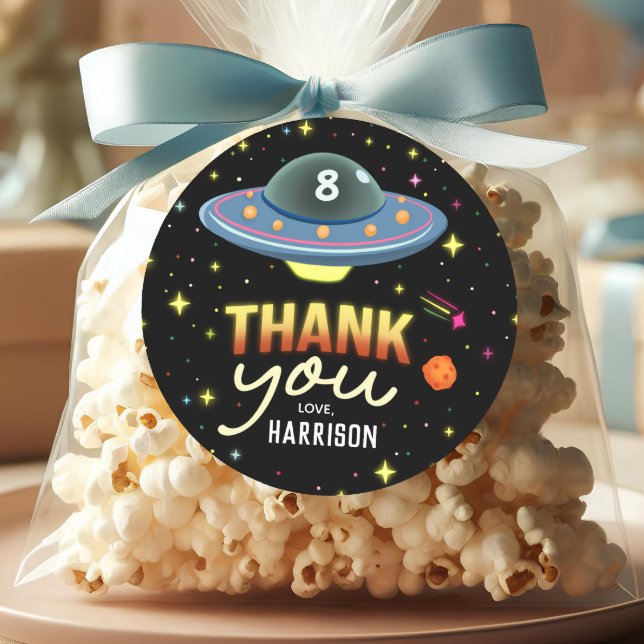 Boys Cool Neon Space Birthday Favor Classic Round Sticker (Creator Uploaded)