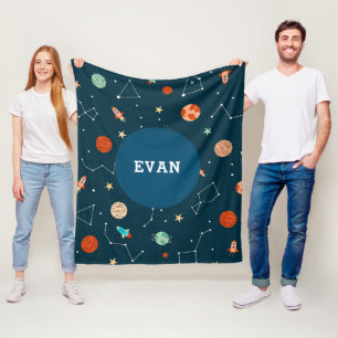 Boys Cool Outer Space Planets Rockets Personalised Fleece Blanket