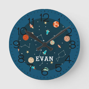 Boys Cool Outer Space Planets Rockets Personalised Round Clock