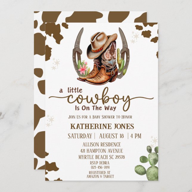 Boys Cowboy Cow Print Baby Shower   Invitation (Front/Back)