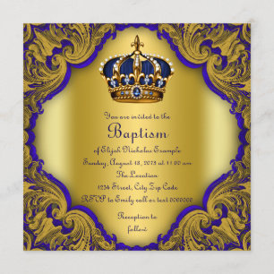 Boys Crown Prince Baptism Royal Blue and Gold Invitation