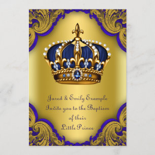 Boys Crown Prince Baptism Royal Blue and Gold Invitation