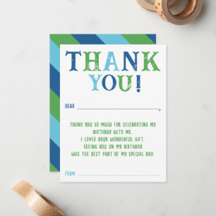 Boys Custom Striped Fill In Birthday Thank You  Card