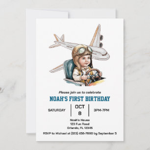 Boys Cute Aeroplane Travel Kids Birthday Watercolo Invitation