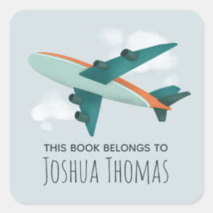 Boys Cute Aeroplane Travel Kids School Bookplate Square Sticker