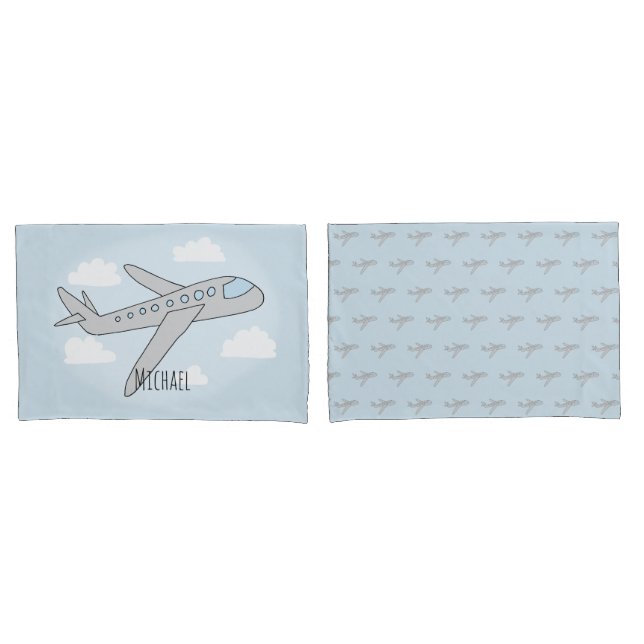 Boys Cute Airplane Travel with Name Pillowcase (Front-Set)