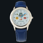 Boys Cute and Cool Blue Monster Alien Watch<br><div class="desc">This cute and modern kid's watch features colourful monster alien illustrations,  and a place for you to add your boy's name. Perfect for any cool monster-loving child! With clear numbers and a blue background,  this design is great for a little one learning to tell the time.</div>
