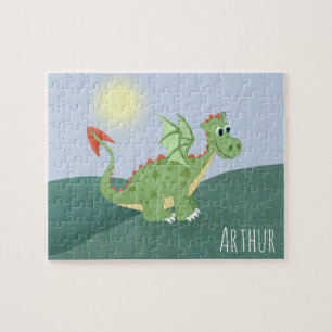 Boys Cute and Magical Green Dragon and Name Jigsaw Puzzle