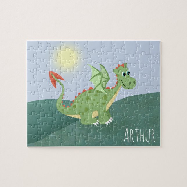 Boys Cute and Magical Green Dragon and Name Jigsaw Puzzle (Horizontal)