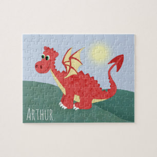 Boys Cute and Magical Red Welsh Dragon and Name Jigsaw Puzzle