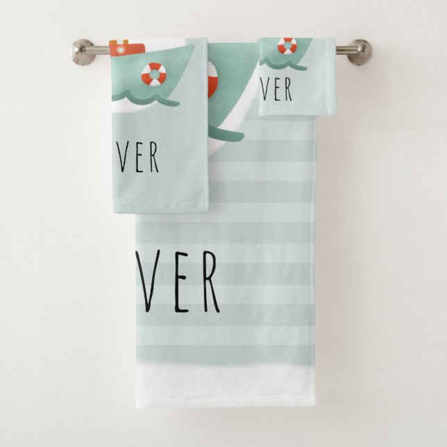  Boys Cute and Modern Blue Boat Kids Bath Towel Set (Insitu)