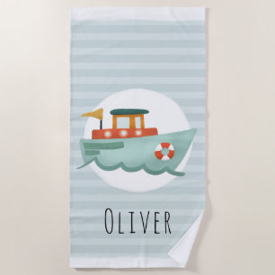 Boys Cute and Modern Blue Boat Kids Beach Towel