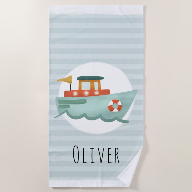  Boys Cute and Modern Blue Boat Kids Beach Towel (Front)