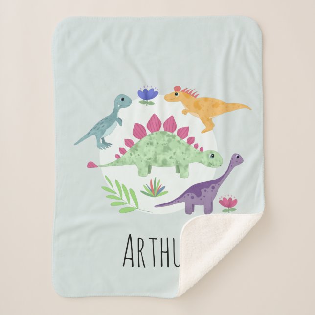 Boys Cute and Modern Blue T-Rex Dinosaurs Kids Sherpa Blanket (Front)