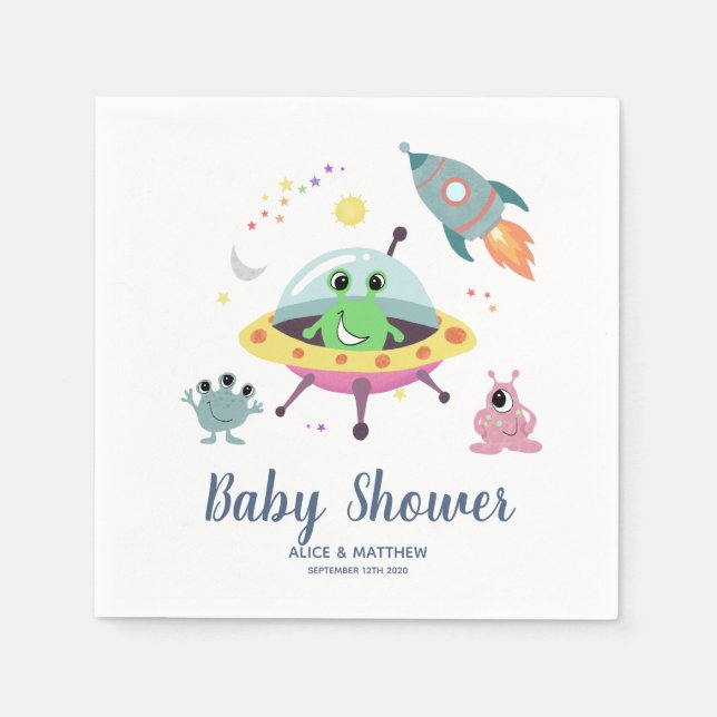 Boys Cute and Modern Space Alien Baby Shower Napkin (Front)
