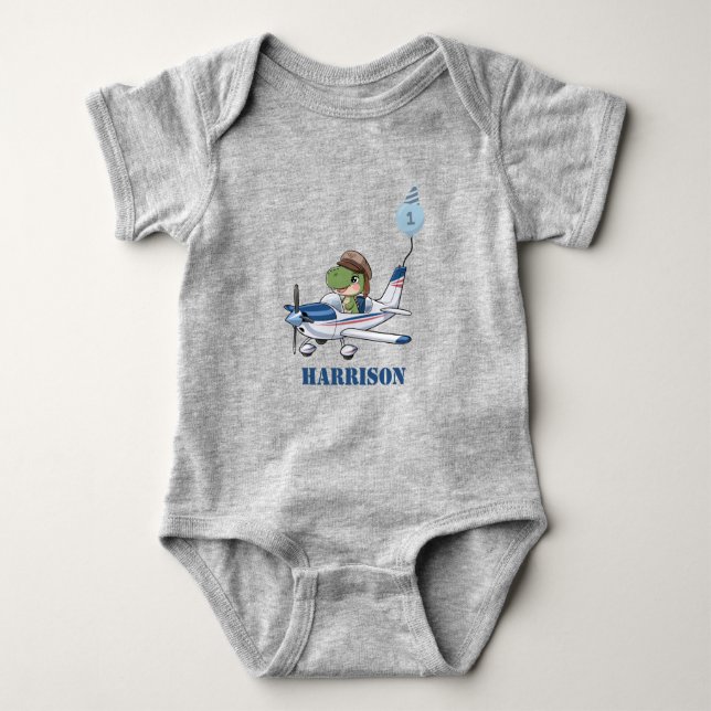 Boys Cute Blue Aeroplane Dinosaur Kids 1st Birthda Baby Bodysuit (Front)
