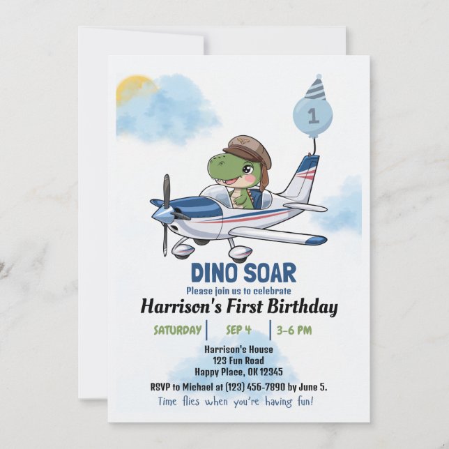 Boys Cute Blue Aeroplane Dinosaur Kids 1st Birthda Invitation (Front)