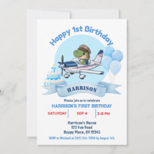 Boys Cute Blue Aeroplane Dinosaur Kids 1st Birthda Invitation
