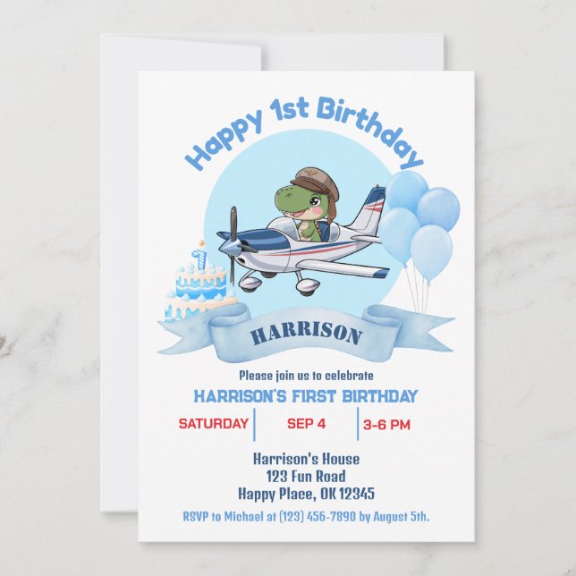 Boys Cute Blue Aeroplane Dinosaur Kids 1st Birthda Invitation (Front)