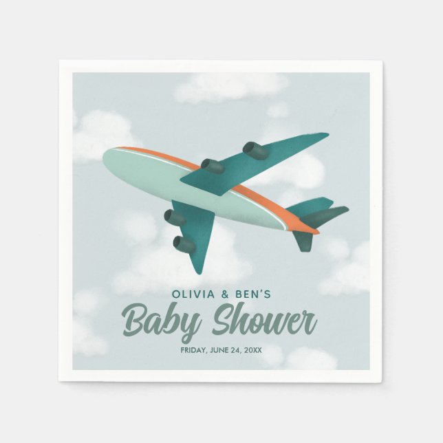 Boys Cute Blue Aeroplane Travel Baby Shower Napkin (Front)
