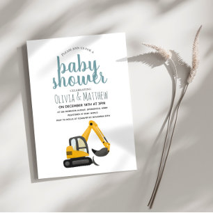 Boys Cute Blue Construction Digger Baby Shower Invitation