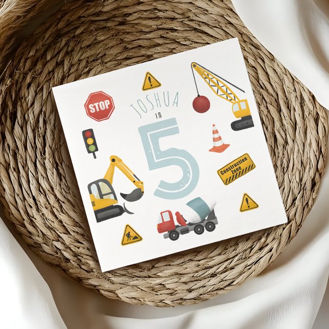 Boys Cute Blue Construction Kids 5th Birthday Napkin (Creator Uploaded)