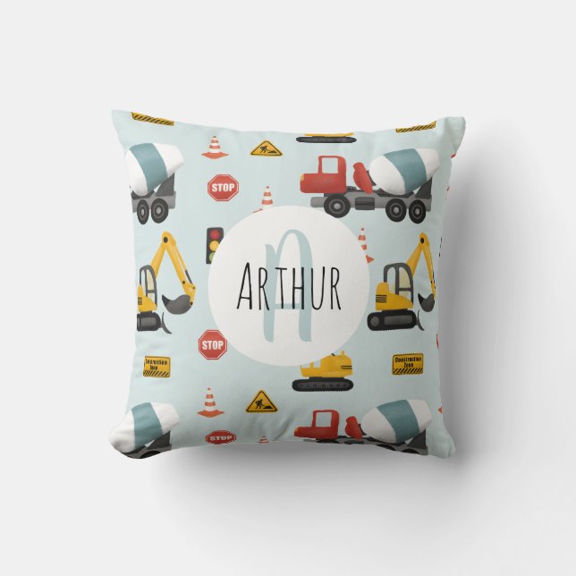 Boys Cute Blue Construction Transport & Name Kids Cushion (Front)