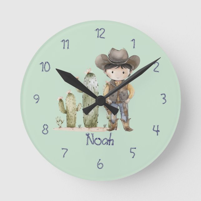Boy's Cute Blue Cowboy Wall Clock (Front)
