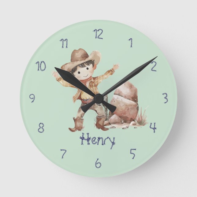 Boy's Cute Blue Cowboy Wall Clock (Front)
