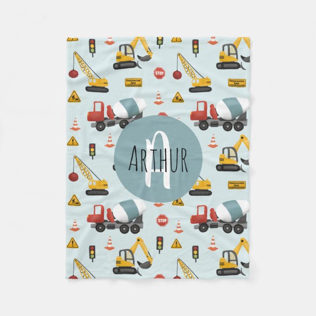 Boys Cute Blue Digger Construction Pattern Fleece Blanket (Front)