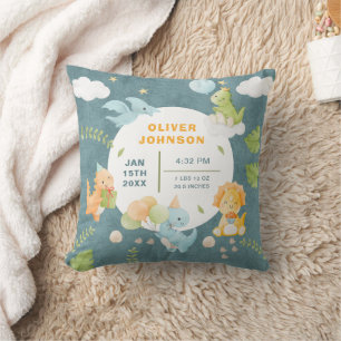 Boys Cute Blue Dinosaur Birth Stats Baby Nursery Cushion