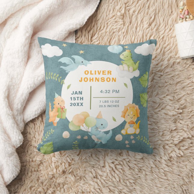 Boys Cute Blue Dinosaur Birth Stats Baby Nursery Cushion (Blanket)